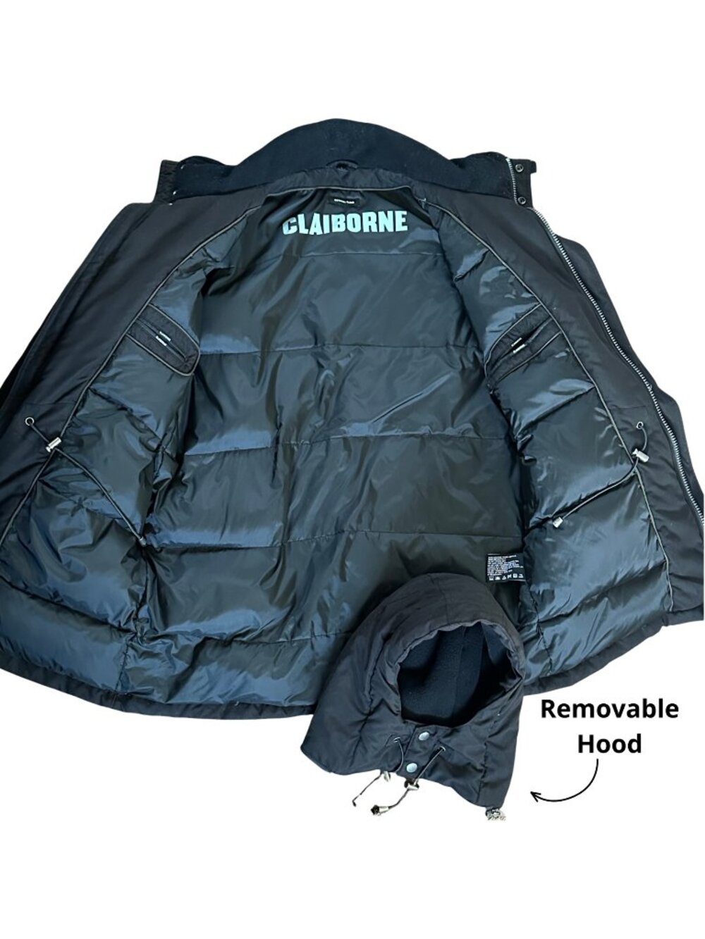 Claiborne Down Jacket Men’s Large Black Duck Down Parka Winter Coat Hooded